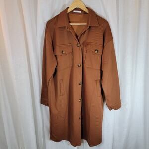 Staccato Women’s Long Shirt Jacket Shacket Brown Textured Button Front Size L